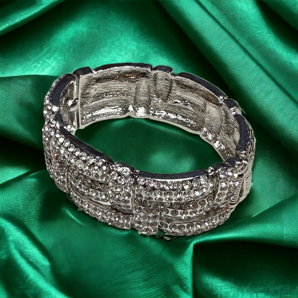 Silver Bangle Statement Hinged Rhinestone Bracelet